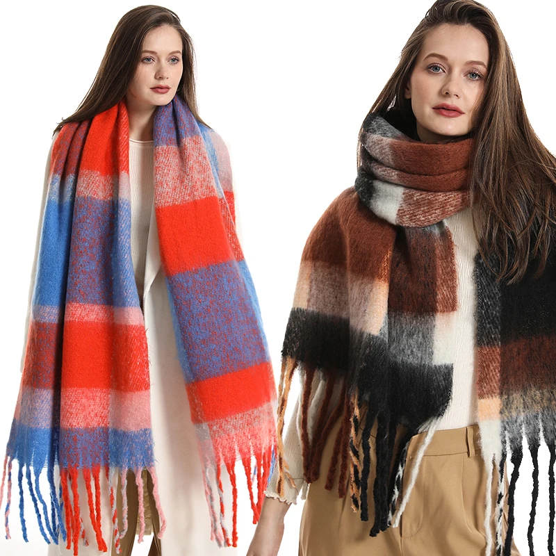 

2023 Fashion Cashmere Women Grid Design Scarf Thicken Winter Warm Big Shawl Soft Luxury Lady Pashmina Bandana Tassel Blanket