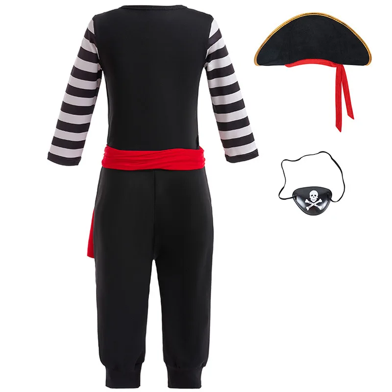 2026 Carnival Costume Boy Captain Sets Pirate Costume For Kids Striped Long Sleeve Top +Pant Suit With Eye Patch Hat Pirate Set 6
