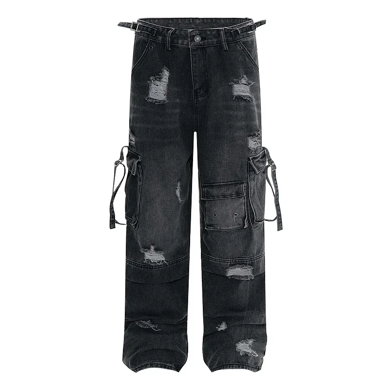 

Брюки-карго мужские рваные из денима, модные штаны в стиле Хай-стрит, свободные потертые джинсовые брюки в стиле хип-хоп с карманами, винтажные с дырками