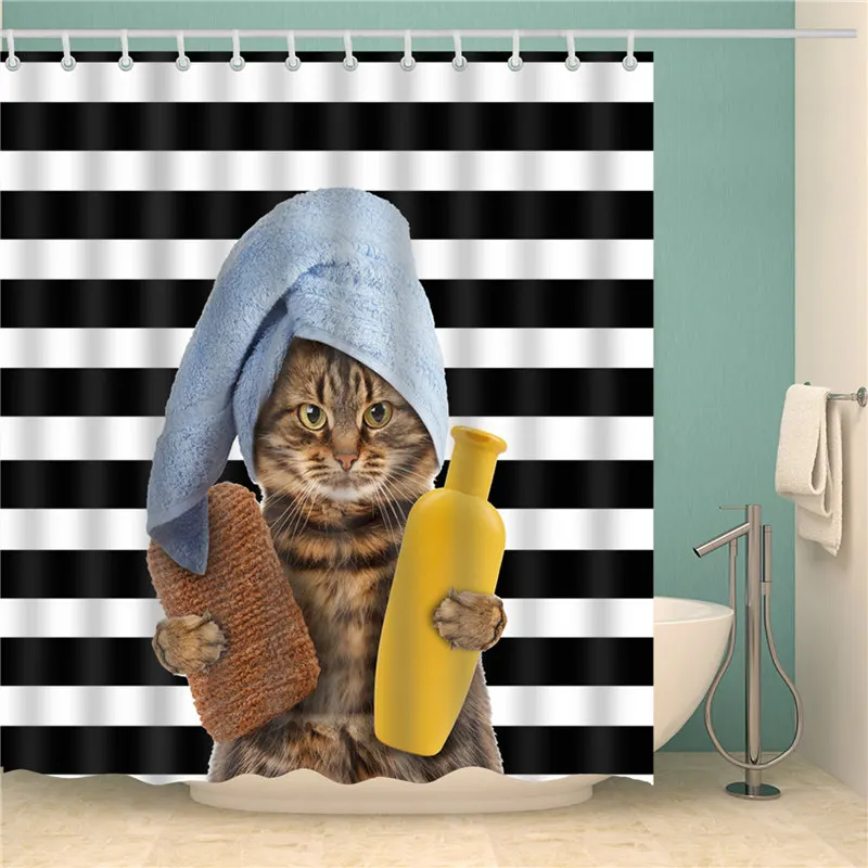 Cat Shower Curtain 3D Print Bathroom Waterproof Polyester Curtain Octopus Washable Bath Decor Curtains with 12 Hook