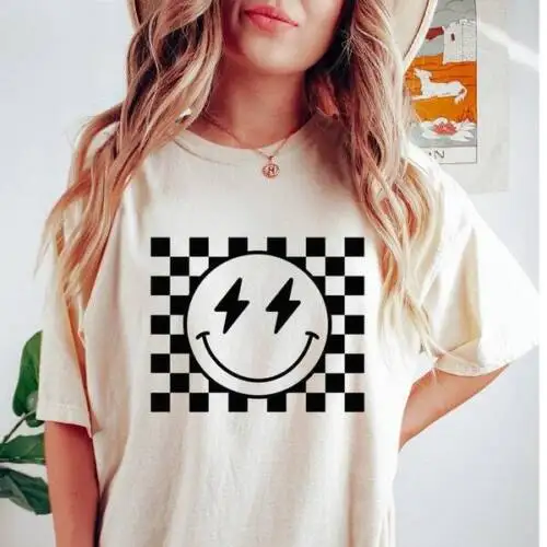 

Комфортная цветная клетчатая рубашка с улыбающимся лицом, ретро рубашка со смайликом