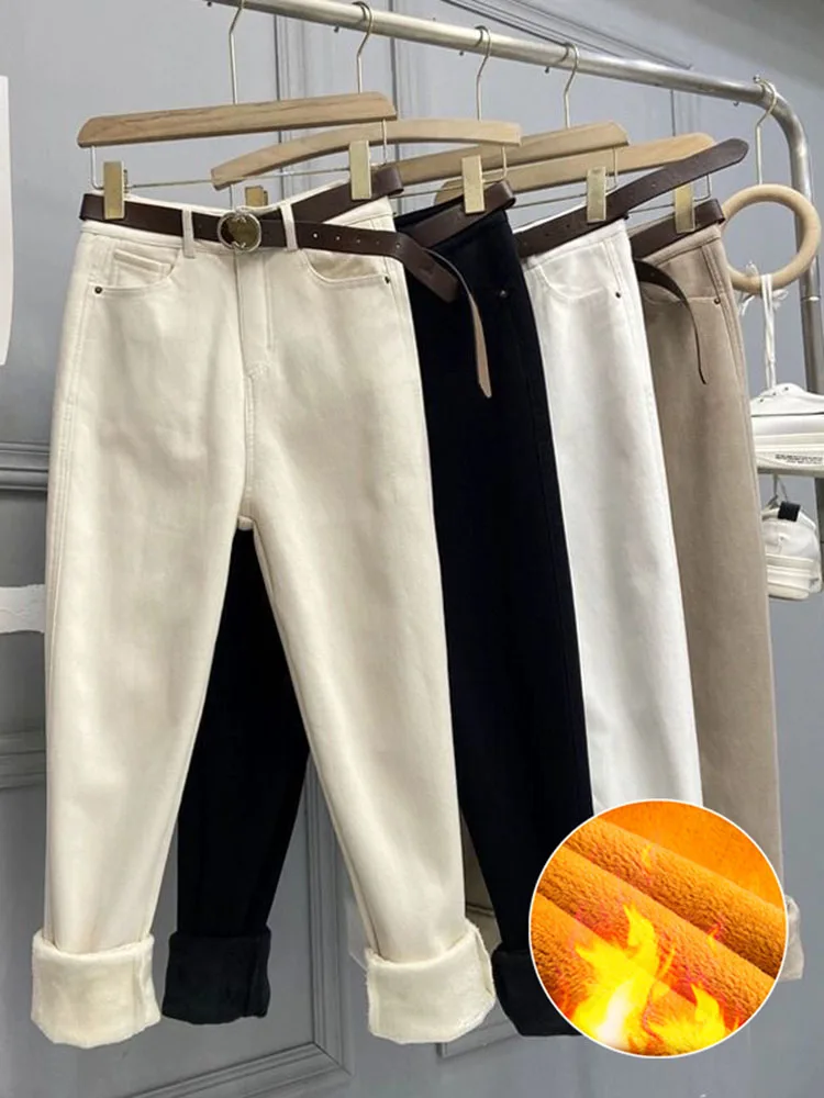 

Snow Wear Womens Velvet Harem Jeans Casual High Waist Plush Lined Denim Pants Fall Winter Warm Thicken Oversize 70kg Vaqueros
