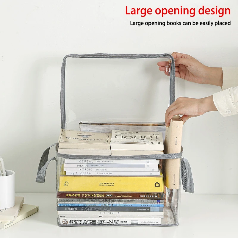 Large Capacity Transparent Book Storage Bag Books Collection Container Stackable Case Zipper Handle Dust Proof Organizer