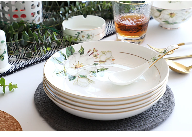 Bone China Dinnerware Set - Floral Ceramic Plates Bowls  Soup Pots