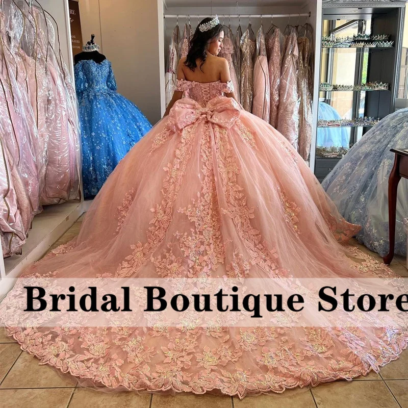 Sky Blue Ball Gown Quinceanera Dresses Bow Off Shoulder Beaded Appliques Sequins Sweet 16 Dress Vestidos De 15 a&ntilde;os