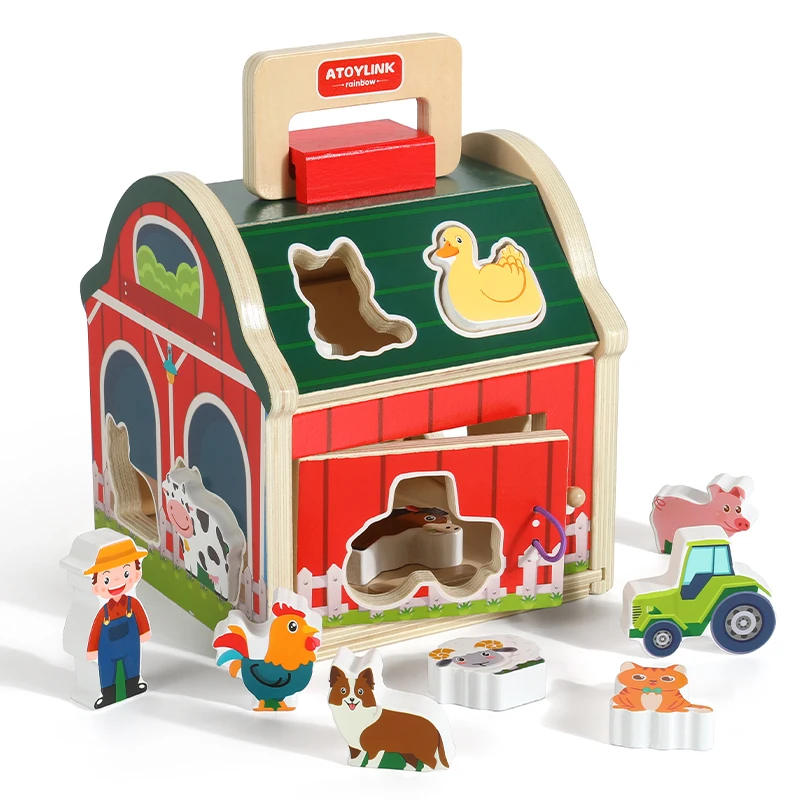 Baby Wooden Matching House Toys Montessori Toys Farm Animal Color Shape Sorting Building Blocks Early Education Games Gifts 2