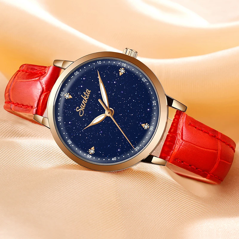 SUNKTA Top Brand Women' Watches Starry Sky Dial Ladies Quartz Wristwatch Waterproof Leather Strap Multifunction Watch for Woman