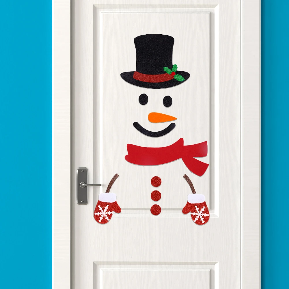 

Christmas Door Stickers With Glue Point Cartoon Santa Snowman Pattern Felt Cloth Wall Stickers Home Decor