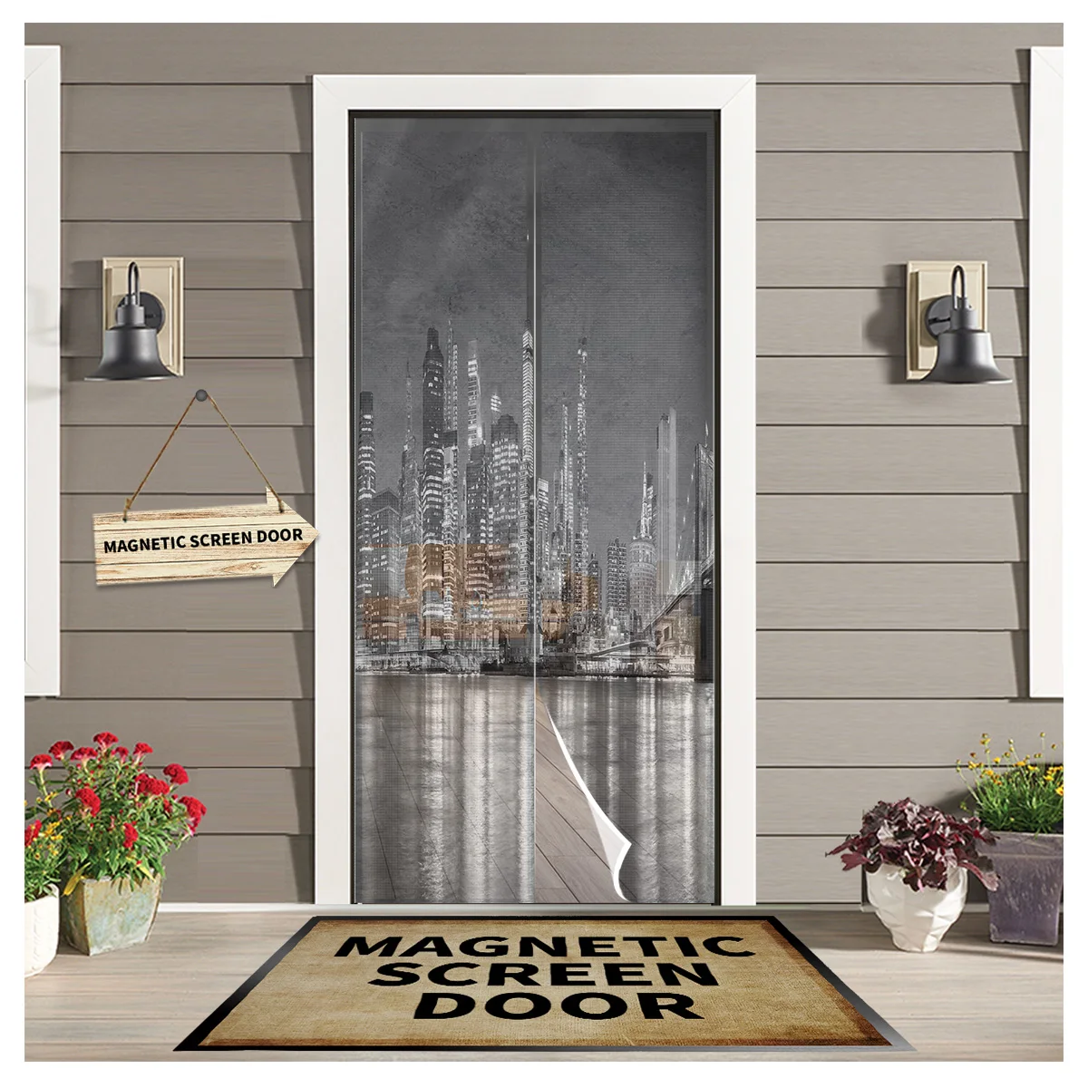 

City Night Lights Summer Magnetic Screen Door Curtains Mosquito Net Door Curtain for Bedroom Kitchen Door Screens