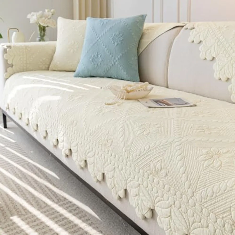 Cotton Quilted Dog Couch Cover for Sofa Farmhouse Rustic Embroidery Sectional Couch Cover Soft Anti-Slip Sofa Slipcover Furnitu