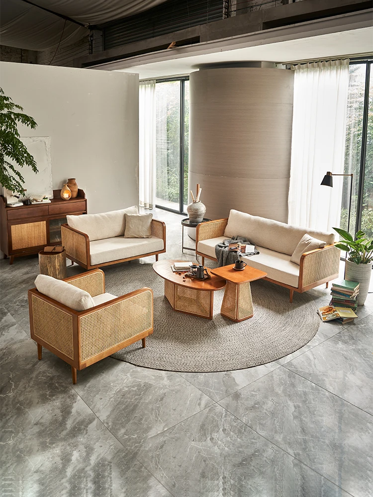 

Nordic sofa living room home leisure rattan chair tea table combination small apartment modern 3 people