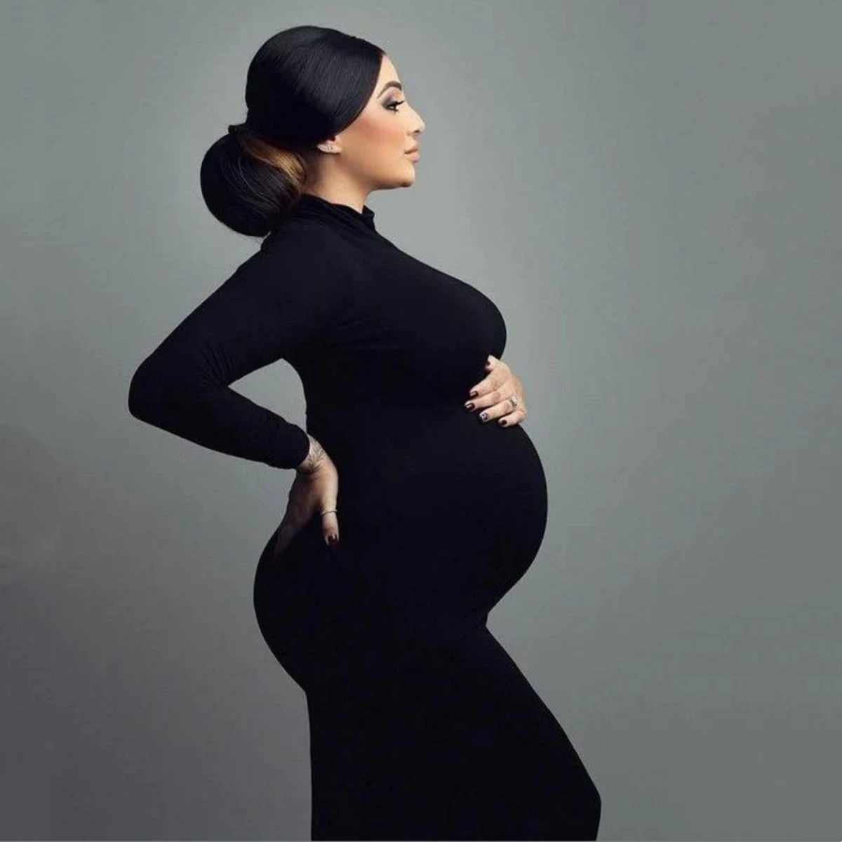 High Neck Full Sleeve Maternity Skinny Dress For Photography Pregnant Woman Stretchy Long Dress
