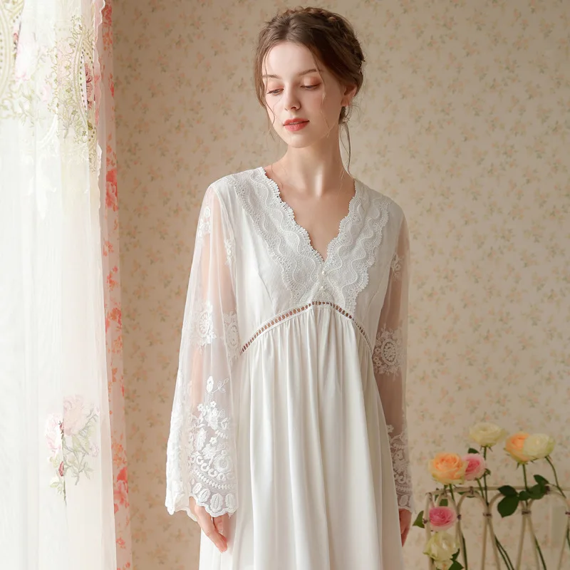 Pajamas Long Victorian Nightgown Embroidered Lace Long Sleeve