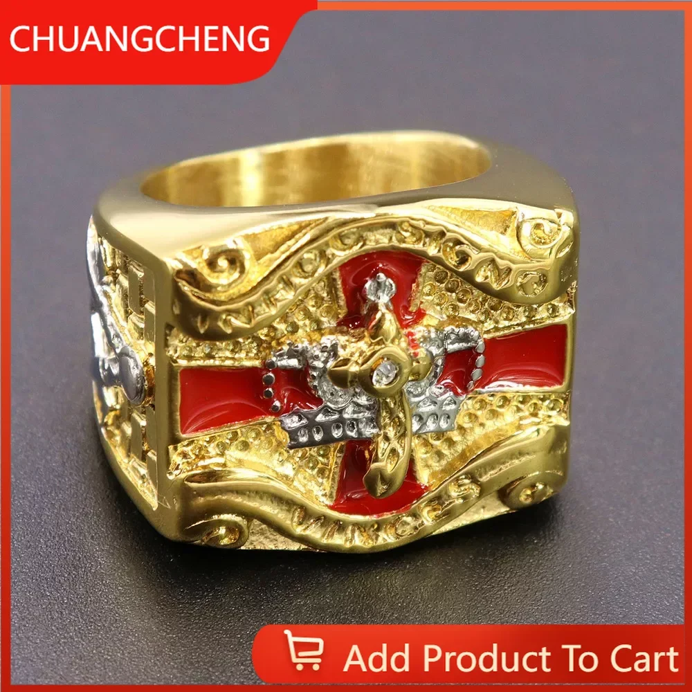 

Stainless Steel Fashionable and Personalized Freemason Crown Drop Glue Red Cross Gold Rings Size 7-14