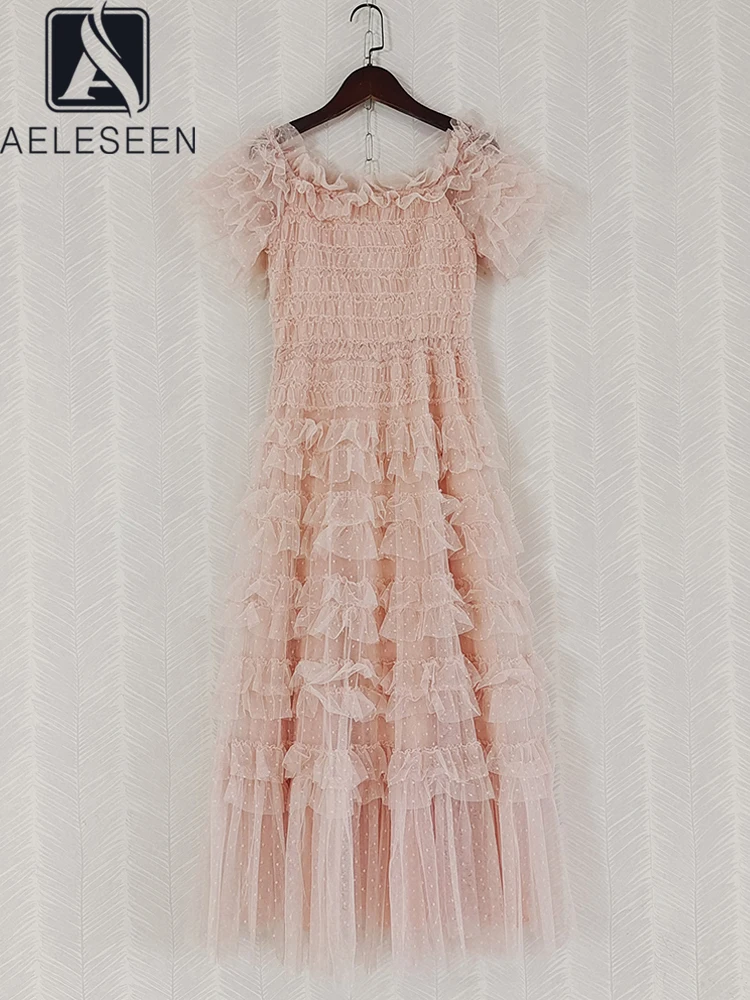 

AELESEEN Runway Fashion Women Gauze Dress Summer Slash Neck Pink Mesh 3D Cascading Ruffles Layered Ladies Tulle Prom Party Long