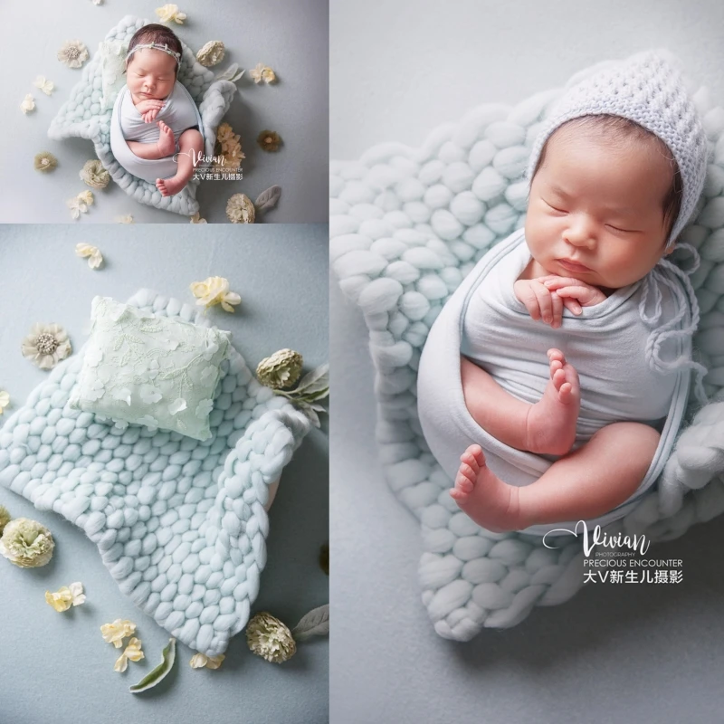 

Dvotinst Newborn Baby Photography Props Sky Blue Soft Wrap Wool Blanket Florals Theme Set Photoshoot Studio Shooting Photo Props