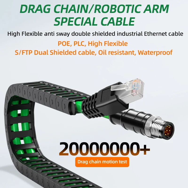 Industrial Ethernet Cable - High Flexibility M12 to RJ45 Connector, 4/8 Pin Male/Female