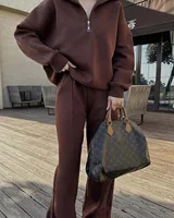 Nouvel ensemble deux pièces décontracté et sportif, pull à col montant, sweat-shirt à manches longues, pantalon long à jambes larges pour vêtements pour femmes 4
