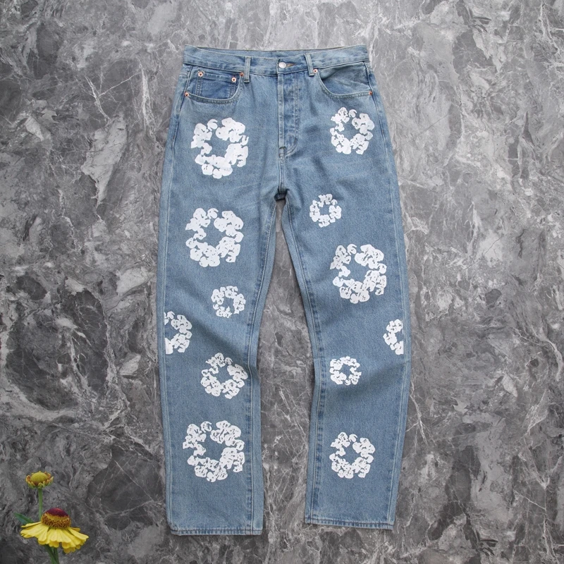 

Blue Ready Made Tears Jeans Retro Water Washing Kapok Print Pant High Quality Fashion Men Women Denim Tears Straight Leg Slacks