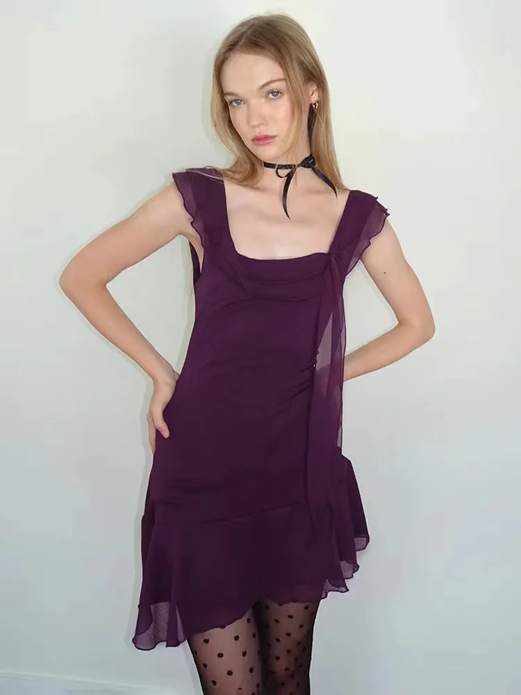 

Motel Chiffon ruffled square neckline halter sleeveless dress mini skirt