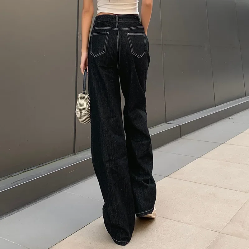 Women Fashion Big Pocket Baggy Trousers Women Fall Pantalones Cargo Jeans Vintage High Waisted Black Jeans Y2k Straight Leg Pant
