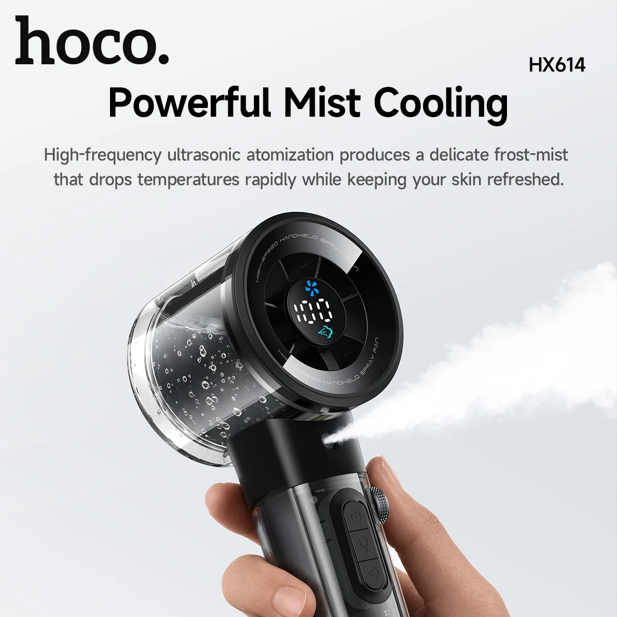 HOCO 휴대용 아이스 쿨링 핸드헬드 팬 투명 충전식 3000mAh LED 디지털 디스플레이 팬 물 분사 팬 야외 파티용