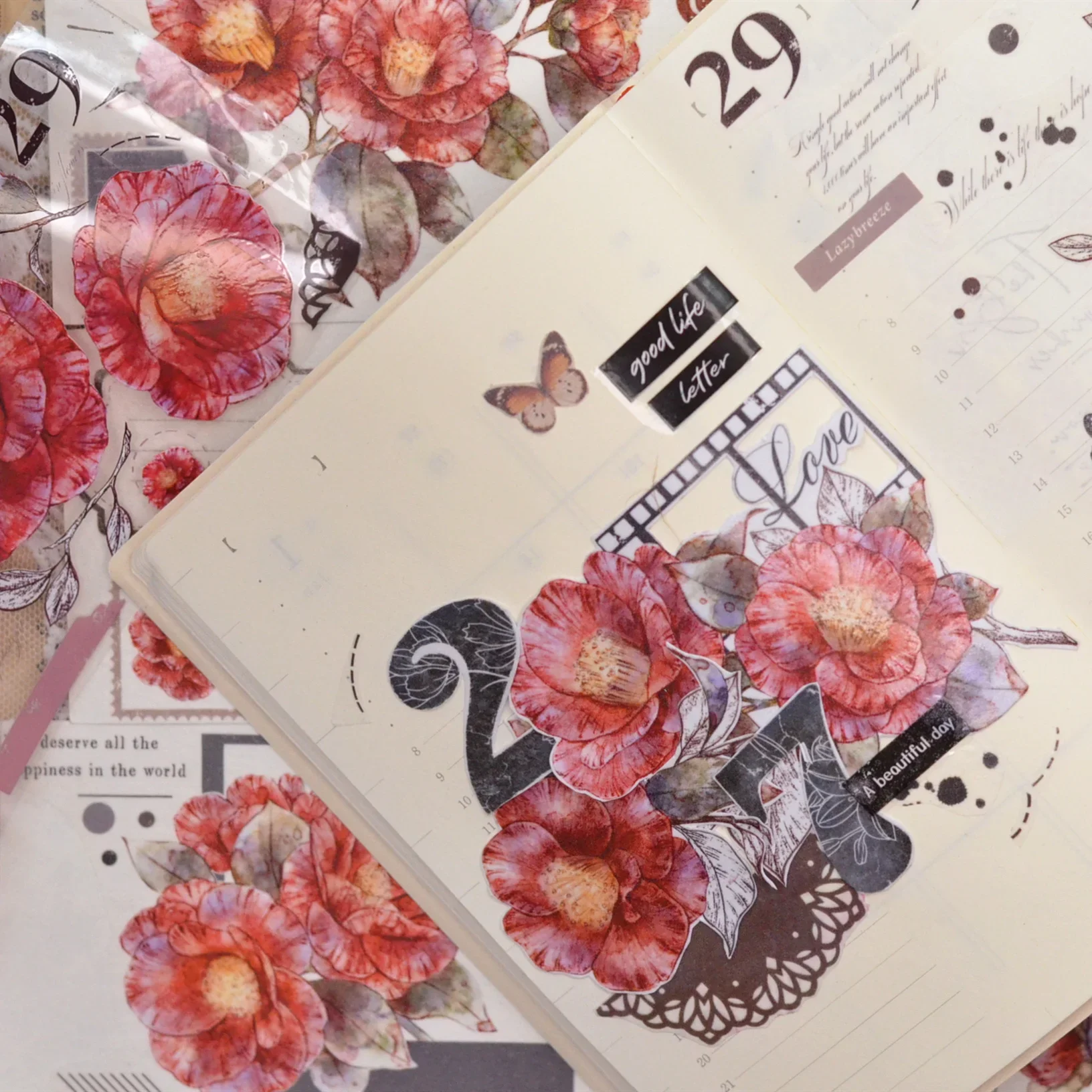 5m Vintage Japonica Camelia Red Flower Washi PET Tape Plants Journal Decoration Diy Stickers