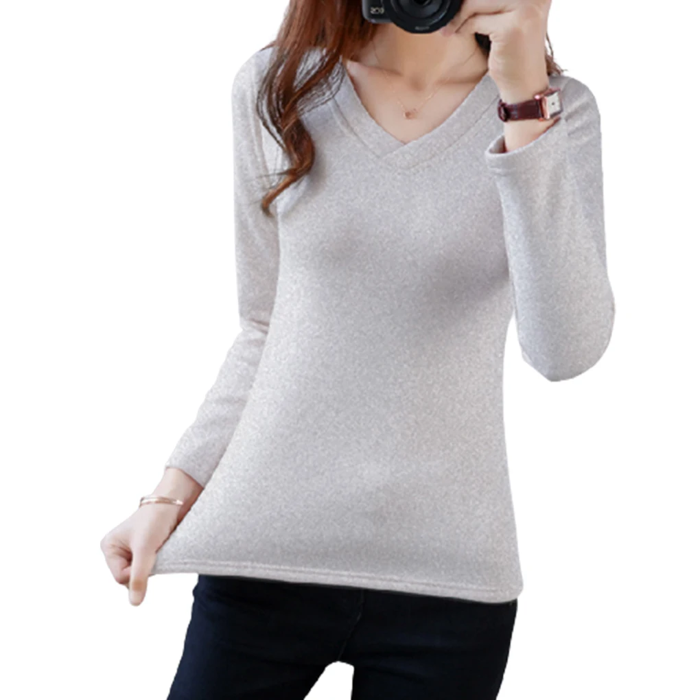 Women Thermal Underwear Velvet V Neck Lady Basic Top Cold Weather Soft Comfortable Baselayer Dressing Breathable Sleepwear