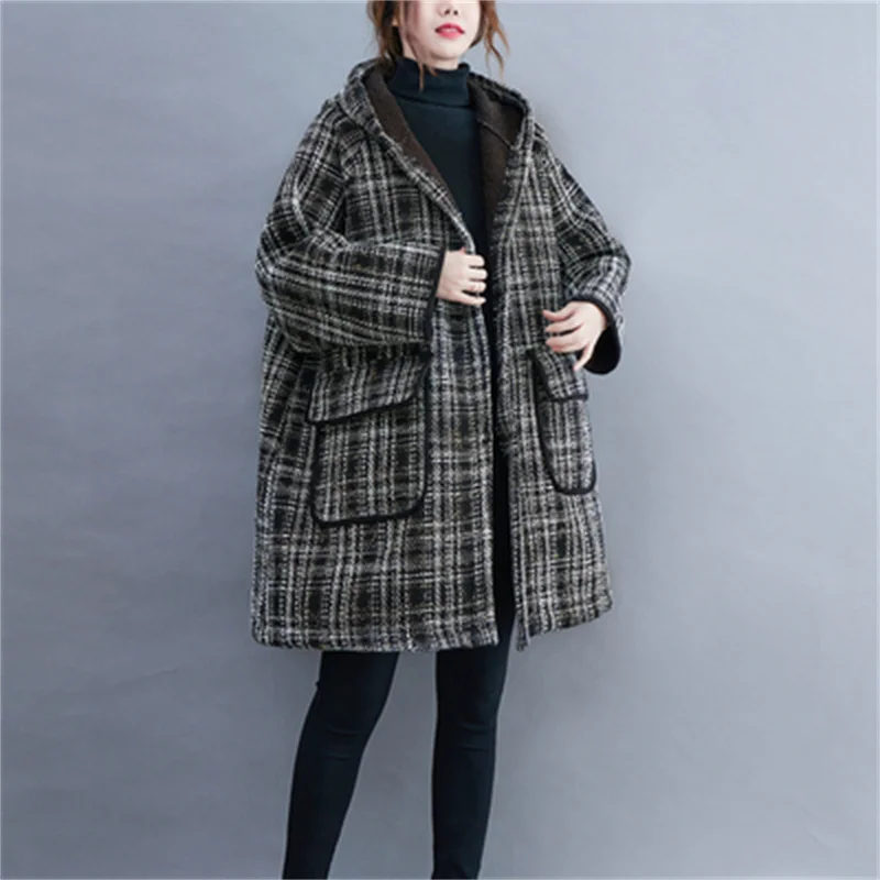 For Women's Autumn Winter 2022, The New Hooded Plaid Jacket is Added With Plush and Thickened Korean Loose Long-sleeved Cotton X