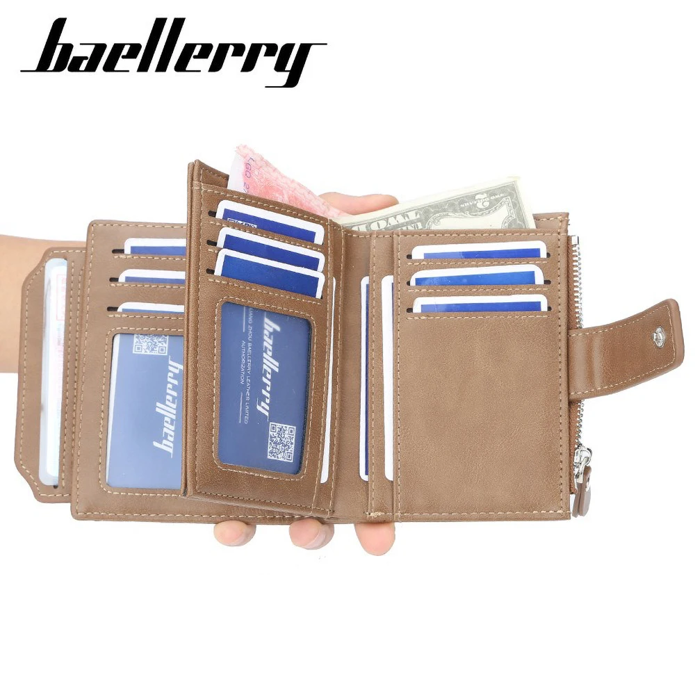Baellerry Old School Men's Wallet Short Distressed Leather Look 15+ Card Slots Zipper Gift