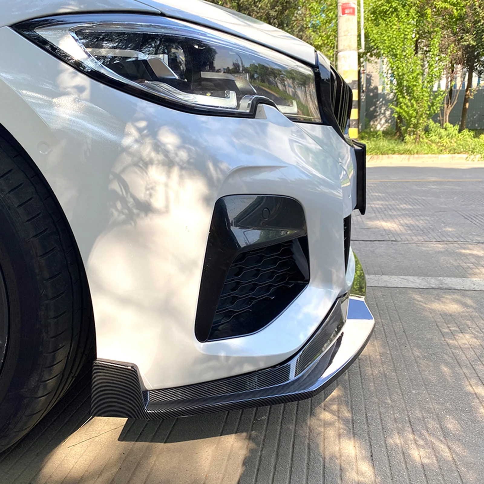 카본 파이버 룩/글로스 블랙 프론트 범퍼 스포일러 립 로워 스플리터 가드 (BMW 3 시리즈 G20 M 팩 스포츠 320i 330i 2019-22년식)