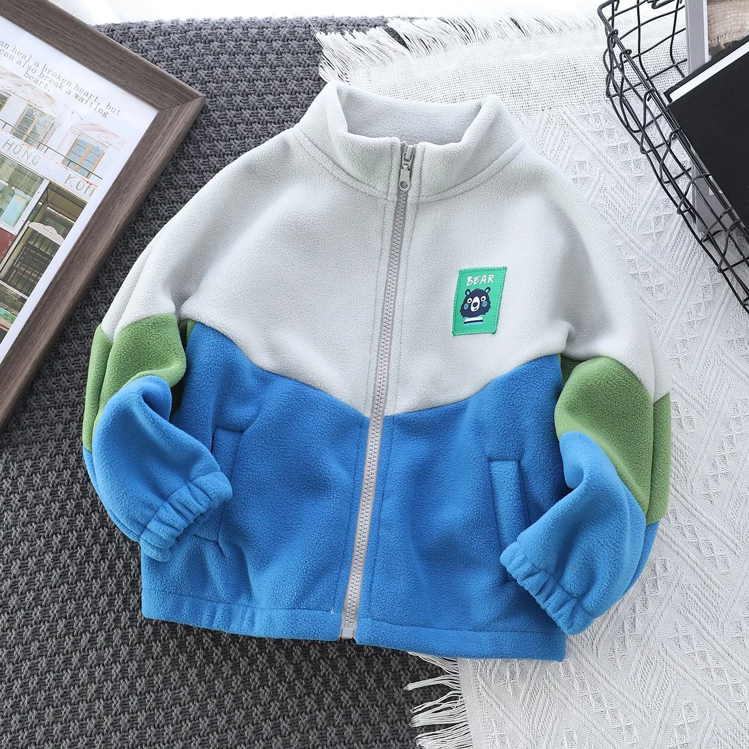 

Autumn Winter Children's Fleece Jacket Kids 3 Colors Patchwork Stand Collar Sweatshirt For Teen Boys 1-12 Years Coat
