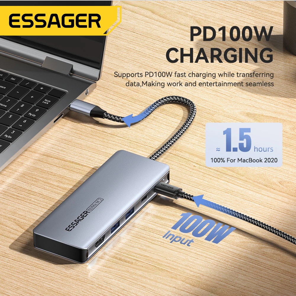 USB Hub Adapter Type C Docking Station USB Hub Converter Docking Station Essager 6-IN-1 USB C HUB USB C Docking Station Hard Disk Enclosure M.2 NVMe SSD Type-C to HDMI Adapter Macbook Pro