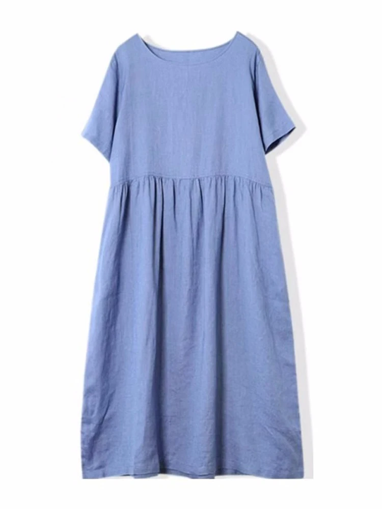 

Women Clothes 2023 New Summer Vintage O-Neck Short Sleeve Casual Loose Midi Dresses Cotton Blend A-Line Sundress with Pockets