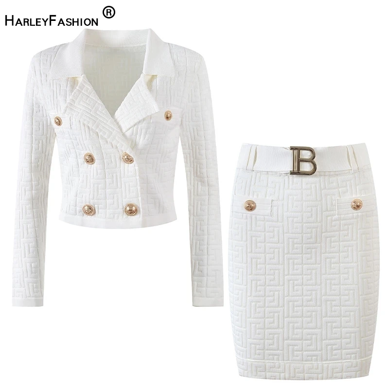 브랜드 가을 여성 스트레치 니트 투피스 세트, 텍스처 패턴, 긴팔 가디건, 스웨터 상의, 슬림 스커트 벨트, 2 가지 색상 옵션 OL 