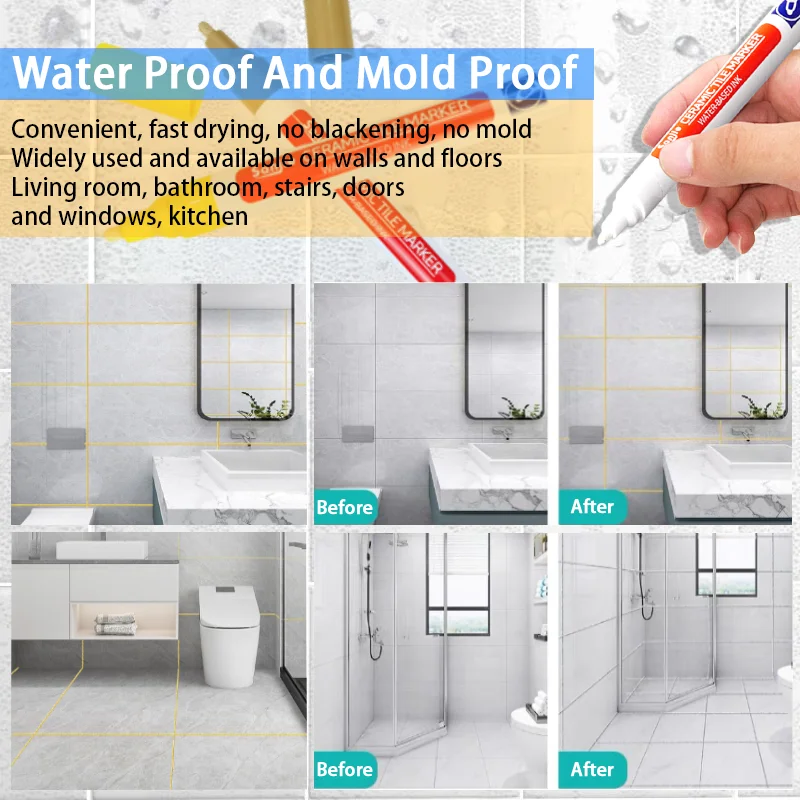 Waterproof White Marker Pen Permanent Repair Tiles Grout Markers Pens Floor Bathroom Wall Seam Decontamination Paint Brush Tools