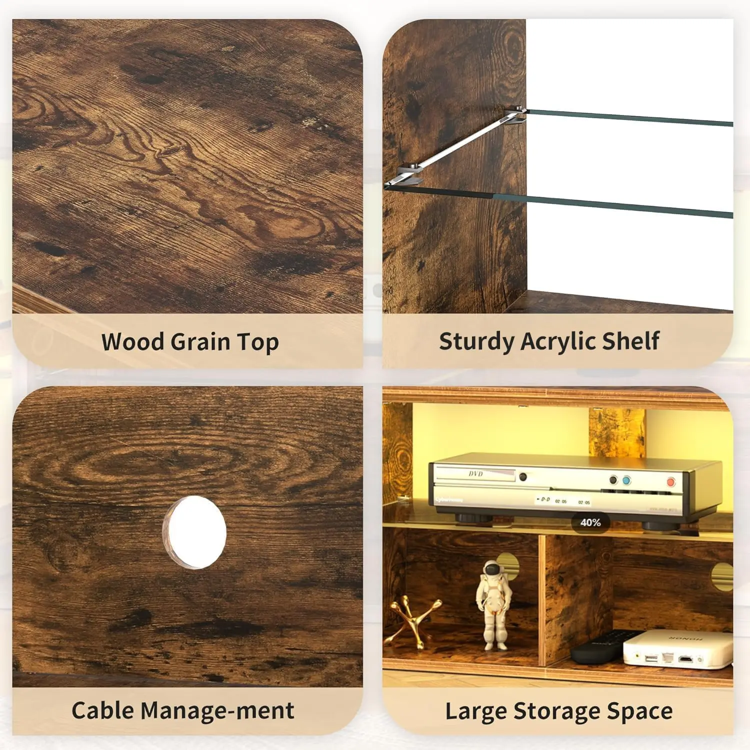 LED TV Stand, 70" Gaming Entertainment Center, 7 Open Shelves, Industrial Cabinet, Living Room, Bedroom, Retro Brown