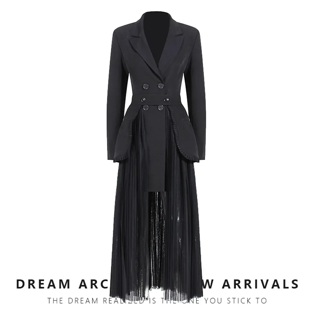 

Black Women Suits Skirt Set 2 Piece Blazer With Belt+Prom Dress Formal Office Lady Business Long Jacket Double Breasted Coat