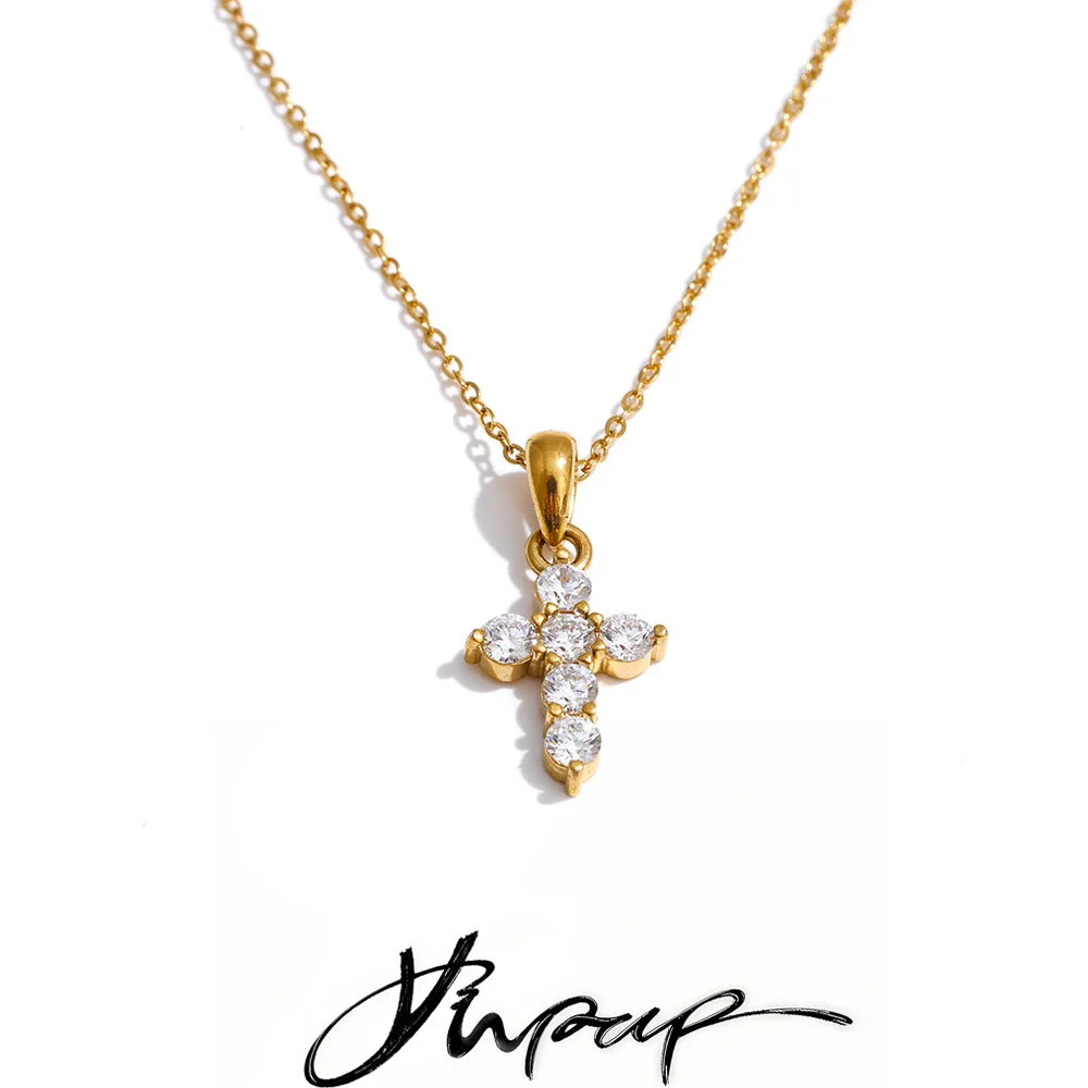 Yhpup CNC Cubic Zirconia Cross Pendant Necklace