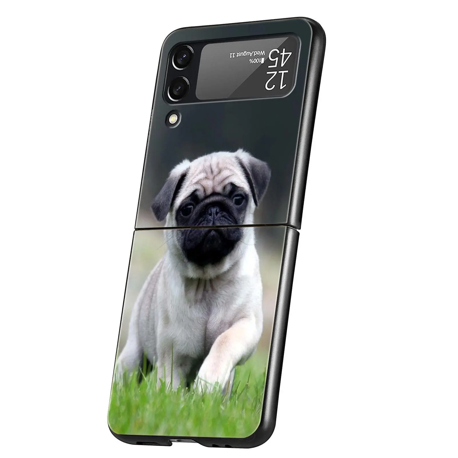 Folding Black Shell Phone Case with Cute Pug Design - PC Hard Cover