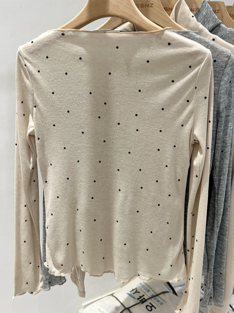 2026 Sommer Dünnes Schicht-Unterhemd Lässiges Allround-Oberteil Damen T-Shirt Aprikotfarben Gepunktet Ein-Schulter Langarm-Shirt