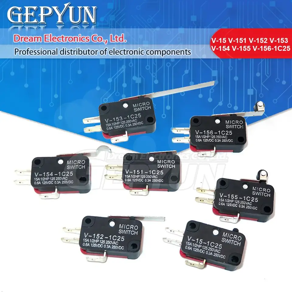 10 Micro Interruttori V-154-1C25 A Cerniera Lunga E Rullo, SPDT, 15A – Per Arduino E Apparecchiature Elettroniche