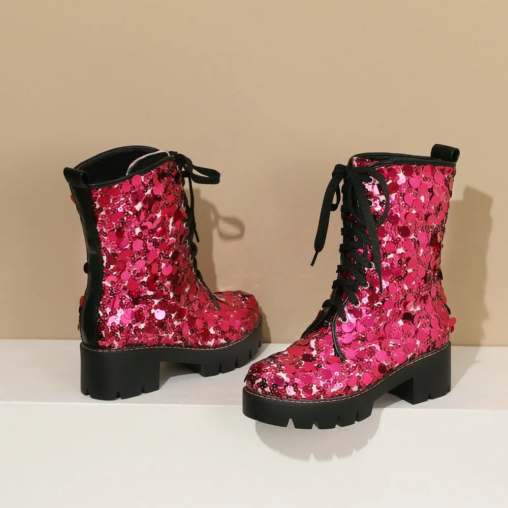 Sweet Lolita Women Mid Calf Boots Girls Lace Up Round Toe Bling Motorcycle Ridding Sequin Booties Thick Chunky Heel Dropship