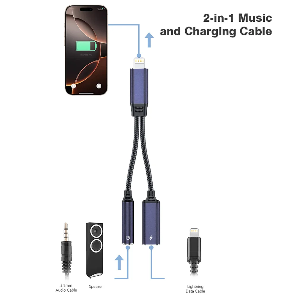 iPhone 12 13 14 Pro 변환기 동글 오디오 분배기용 2-in-1 Lightning-3.5mm 헤드폰 및 충전기 어댑터