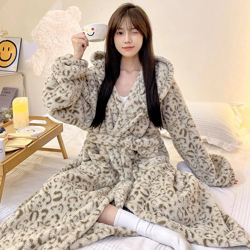 Winter Long Sleeve Hooded Thick Warm Flannel Kimono Robes for Women Casual Plaid Bathrobes Sleepwear Nightdress Night Dress