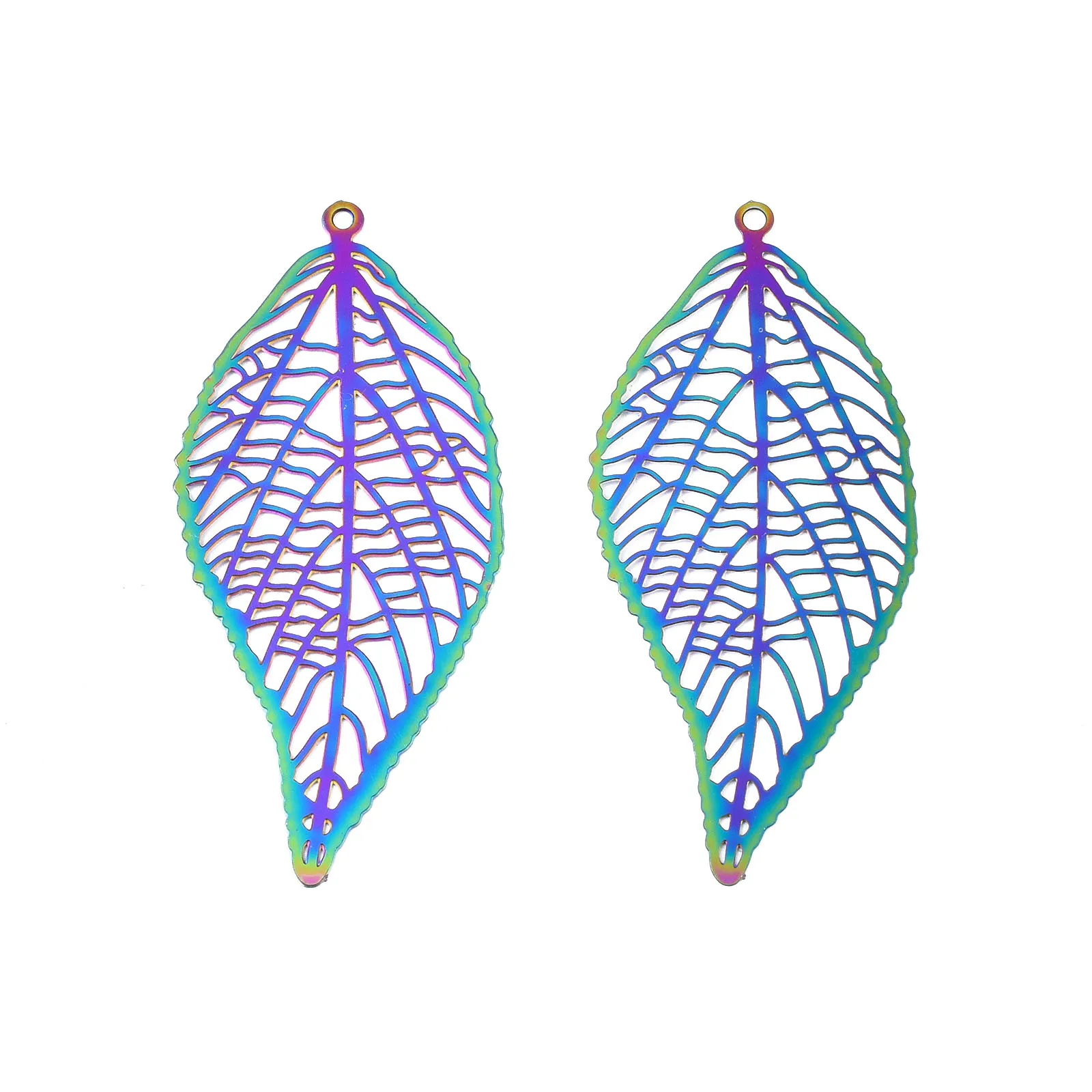 50Pcs Stainless Steel Hollow Filigree Leaf Pendants AB Colors Stamping Leaves Charms For Earring Necklace DIY Jewelry Making