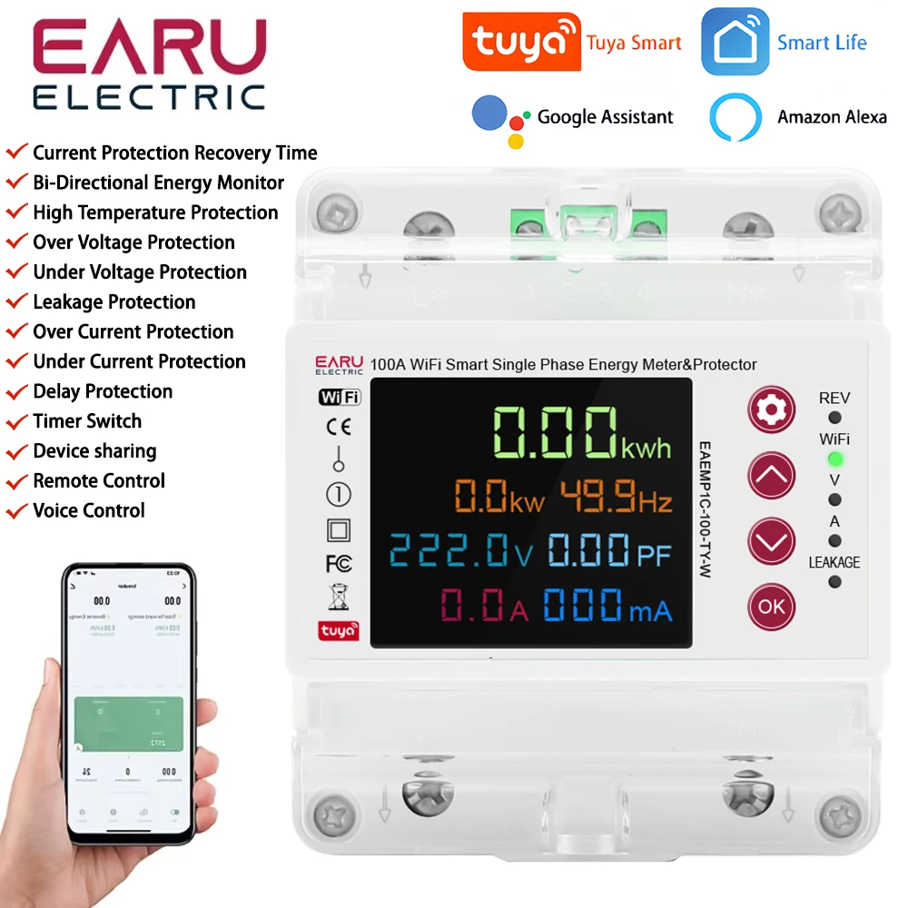Tuya 2P 100A WiFi Smart Bi-Directional Energy Power kWh Meter Leakage Over Unde