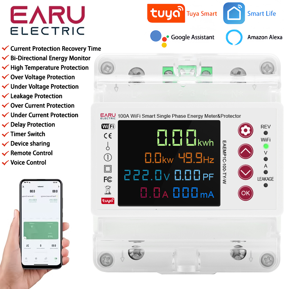 2P 100A Tuya WiFi Smart Bi-Directional Energy Power kWh Meter Leakage Over Under Voltage Protector Relay Switch Current Limit