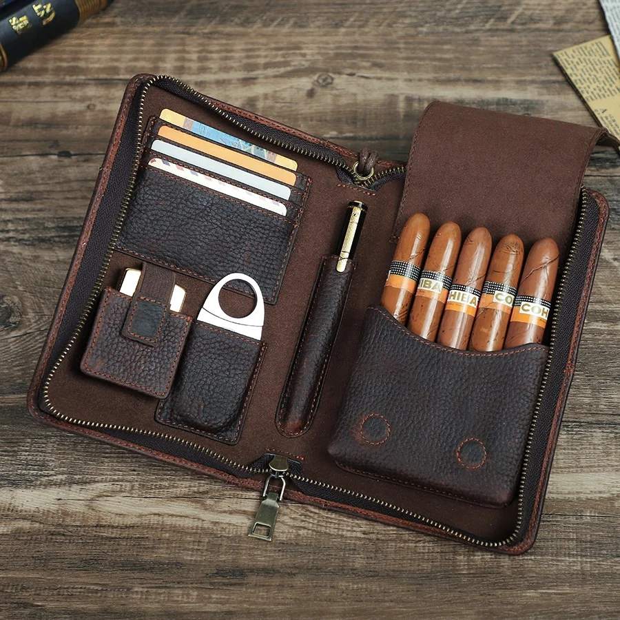 

Custom Embossed Logo Cigars Humidor Tube Holder Lighter Cutter Box Storage Portable Travel Luxury Genuine Leather Cigar Case Bag