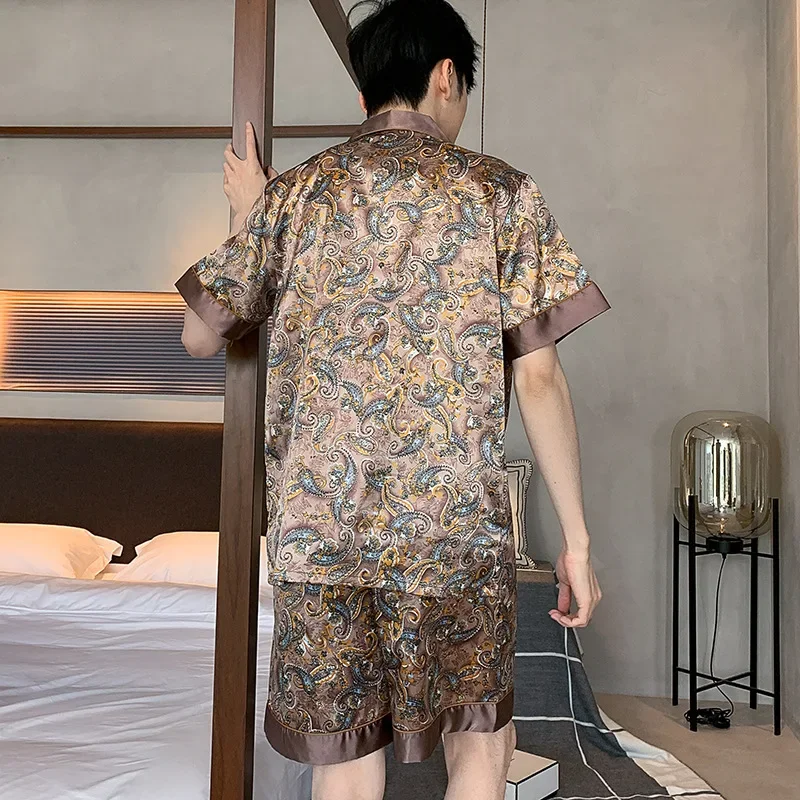 Mens Stain Silk Pajama Sets Long Sleeve Short Sleeve Shorts Men Pijama Printed Pajamas Men Sleepwear Thin Silk Pajama For
